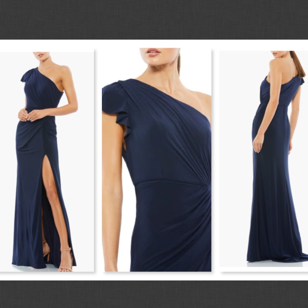 NWT $348 Mac Duggal Midnight Blue Draped One-Shoulder Jersey Gown Size 16